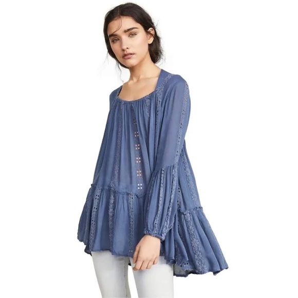 Free People Kiss Kiss Lace Insert Tunic Blue - Picture 14 of 15